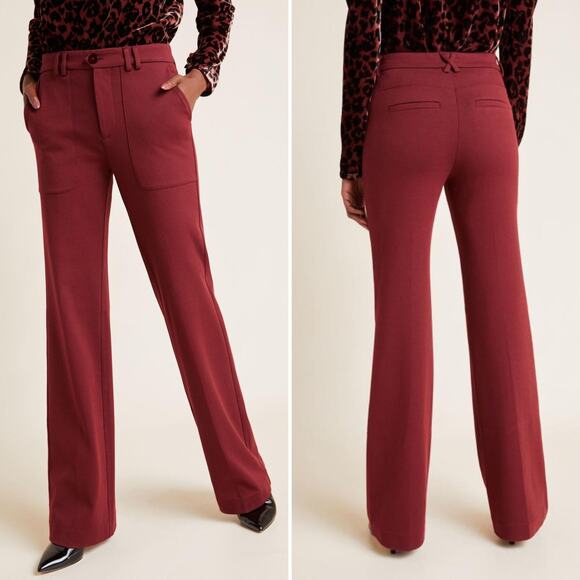 Anthropologie The Essential‎ Twill Trousers Burgundy Red Purple Size 4 Flare Leg - Picture 2 of 16